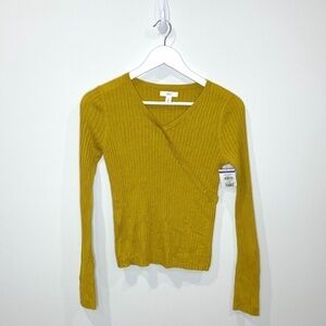 1901 Yellow Long Sleeve Solid V-Neck Top